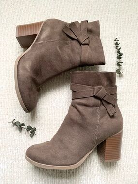 Women's Taupe Suede Ankle Boots with Knot Strap